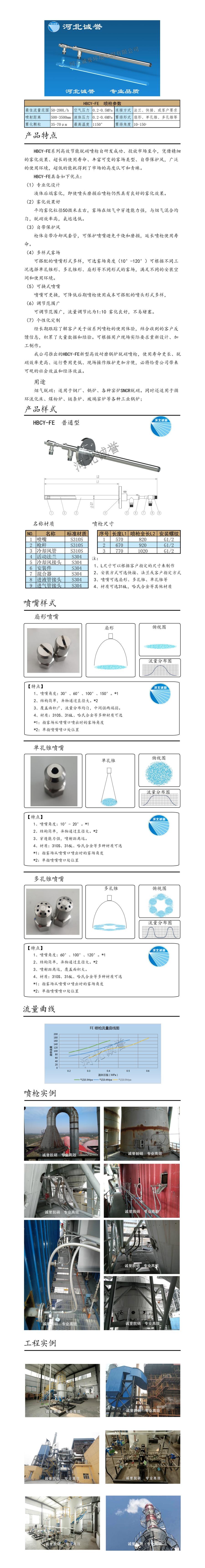 脫硝噴槍、保護套、噴槍參數、材質尺寸、流量分布圖、扇形空心錐俯視圖介紹，以及噴槍霧化視頻展示和工程案例介紹
